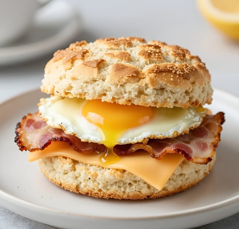 Biscuit sandwich with runny fried egg, crispy bacon, and melted cheese on a white plate.