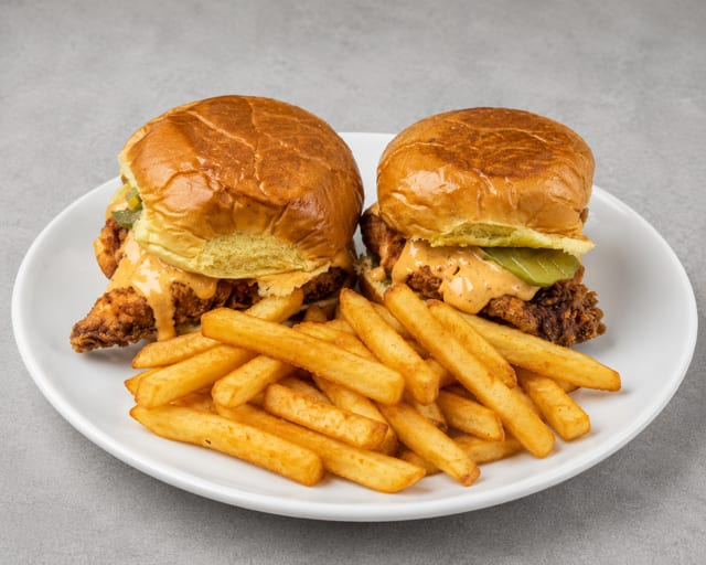 2 Hot Chicken Sandwiches w Fries.